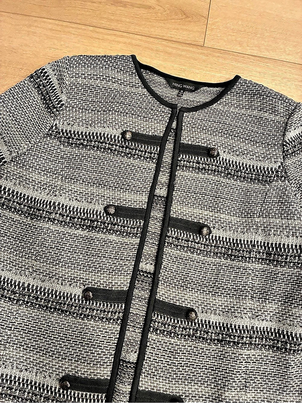 Ming Wang Womenโs Tweed Black White Knit Acrylic Jacket Size 1X